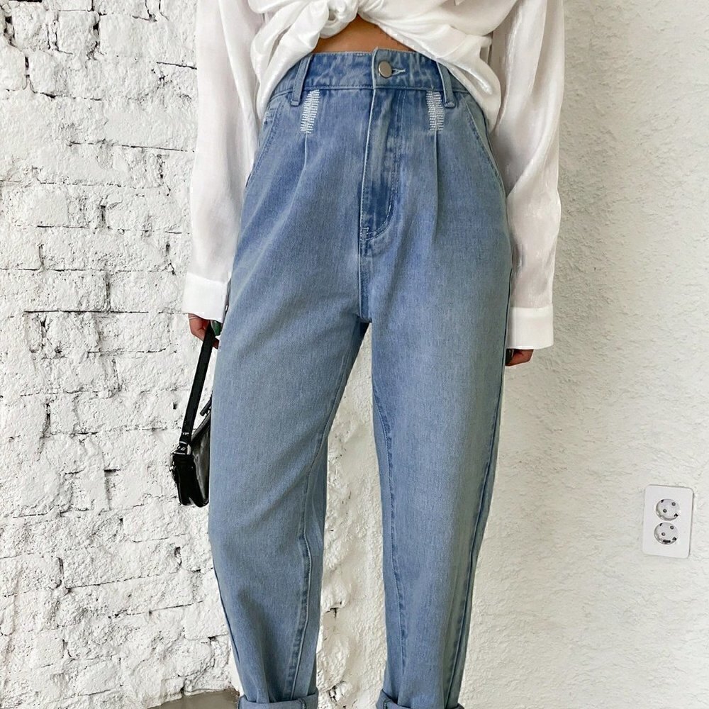 Blue Casual Womens High Waist Plicated Detail Mom Fit Jeans - Picture 2 of 5